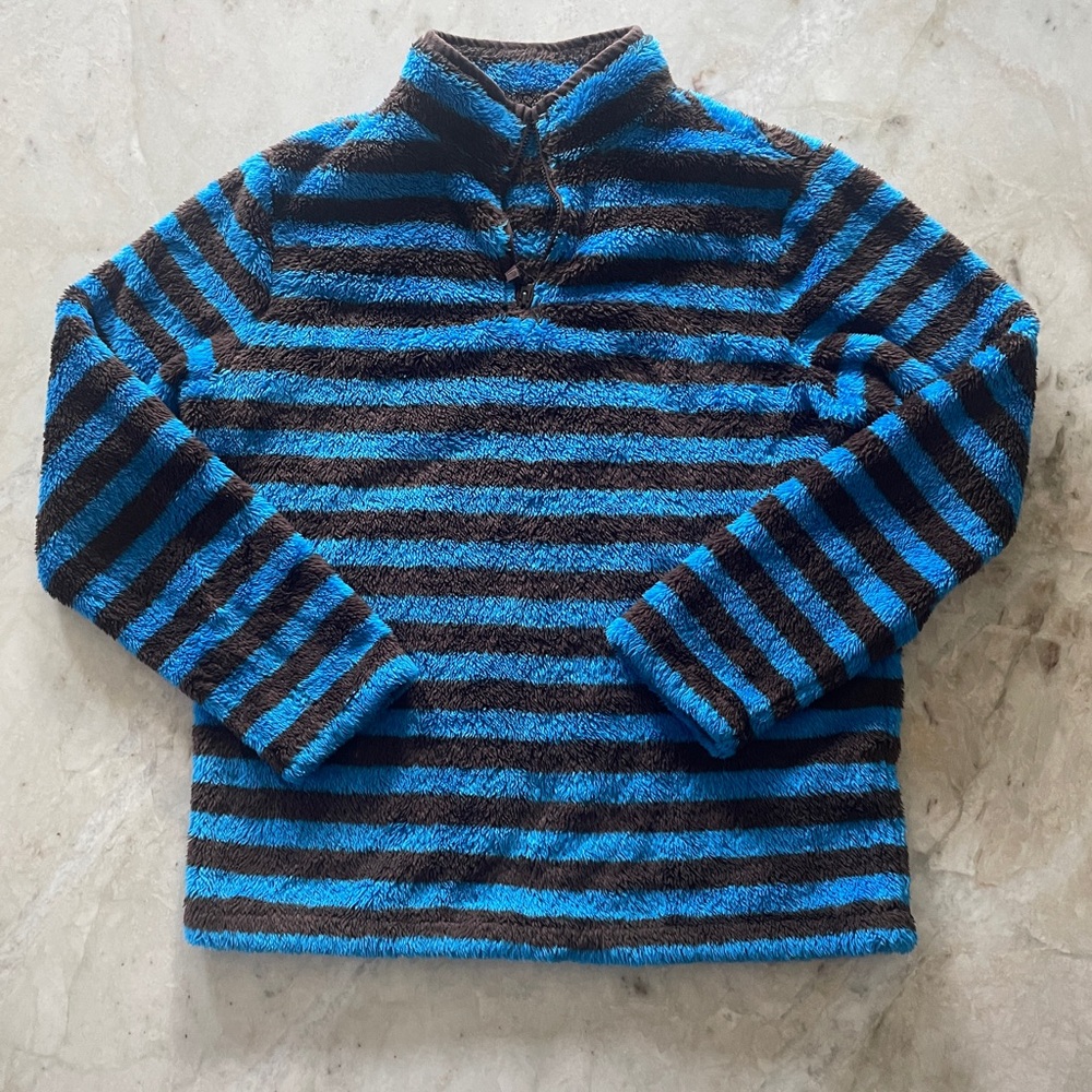 Lands’ End Blue and brown striped fleece with quarter zip